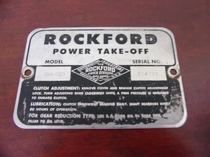 Vintage Rockford Power Take-Off Metal Tag/Plate Model GRA-589 - Picture 1 of 5