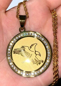 Patriotic American Bald Eagle Round Pendant Freedom Solid 14k Gold Rope Chain - Picture 1 of 8