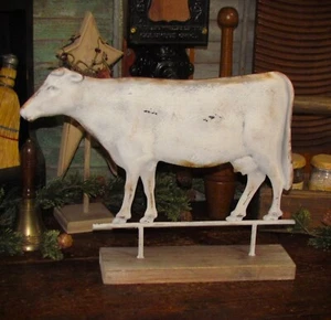 Prim Vtg Style White Destressed Tin Dairy Farm Milk Cow WEATHER VANE Wood Base - Picture 1 of 5