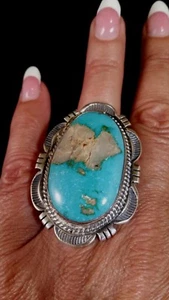 Size 10.5 Natural Royston Turquoise Sterling Silver Signed Ring By Cecil Atencio - Picture 1 of 12