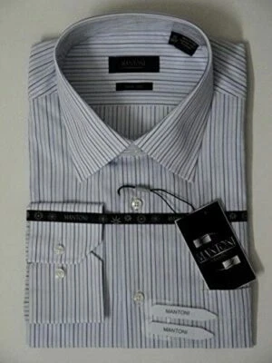 Camisa de vestir para hombre MANTONI blanca azul mangas con puño de barril múltiples rayas Foto 1 de 4