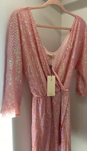 Club L London Pink Sequin Mini Dress Plunge Neck Long Sleeves Coral Size 8 - Picture 1 of 8