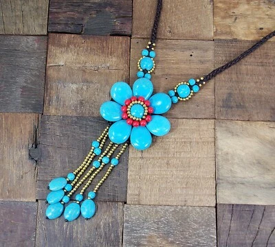 Large turquoise stone flower pendant necklace with beaded tassel and red stones - image 1 of 4
