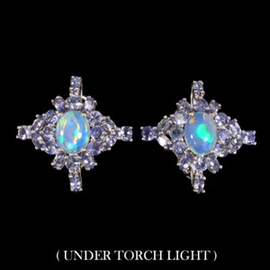 925 Sterling Silver Earrings Oval Fire Opal Tanzanite Natural Gemstone Jewelry - Picture 1 of 10