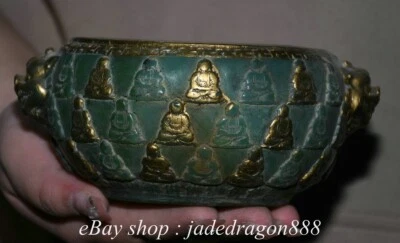 6-дюймовый китайский буддизм зеленый нефрит позолота резьба Будда узор 2 уха горшок банка камень - Изображение 1 из 4