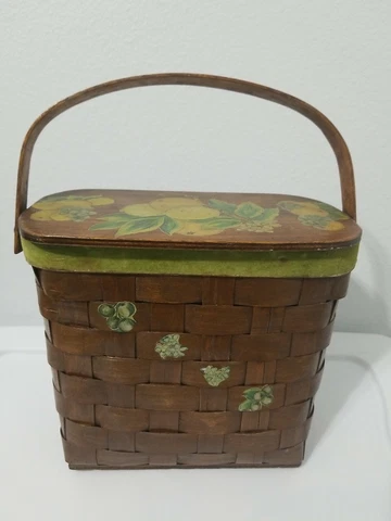 Vintage Hinged Basket Lidded Wood Lemons Oranges Grapes Country Farmhouse Yarn Cover