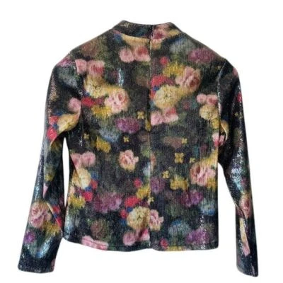 NUEVO CON ETIQUETAS Blusa Nicole Miller Floral Lentejuelas Cuello Simulado Manga Larga Brillante Talla L Foto 1 de 4