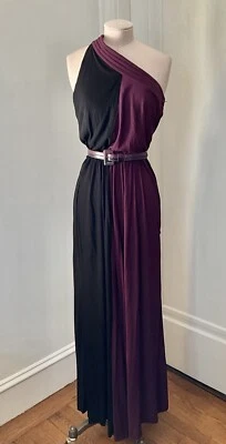 Vestido de toga jersey de seda vintage años 70 Galanos negro y ciruela con cinturón Foto 1 de 4