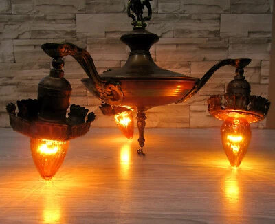 Antique Brass Art Nouveau Deco Hanging Ceiling Lamp Chandelier 3 Light Leviton - Image 1 of 4