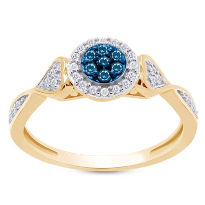 Anillo de compromiso con racimo de diamantes naturales azules y blancos de 1/10 quilates de oro de 10 k Foto 1 de 4