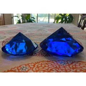 Pair Blue Diamond Shape Paperweight Cut Glass Giant Gemstone 120MM & Small 978A - Picture 1 of 3