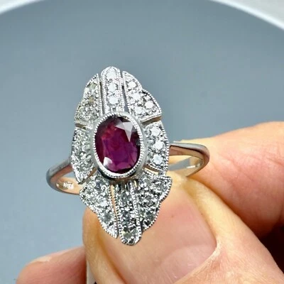 Platinum Antique Style Filigree Ring Oval 5x4mm Ruby with .27TW Diamonds 4.7gms - Image 1 of 4