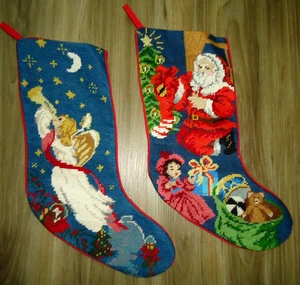 2 Needlepoint Christmas Stockings Santa Child Sled Christmas Tree Angel 19x7" - Picture 1 of 5