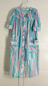 Vintage Modelle Mantel Hauskleid Mumu Pastell Grün Rosa Aquarell Streifen MCM - Bild 1 von 14