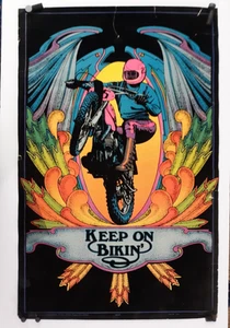 1970s Keep On Bikin’ flocked black light poster Western Graphics Corp - Picture 1 of 5