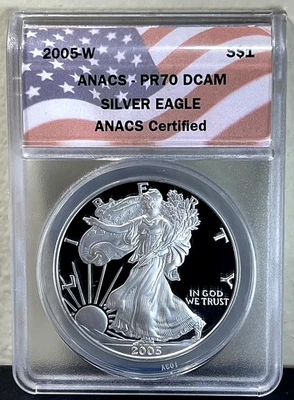2005-W American SILVER Eagle 1 oz .999 Proof Coin ANACS PR70 DCAM Flag Label - Image 1 of 2