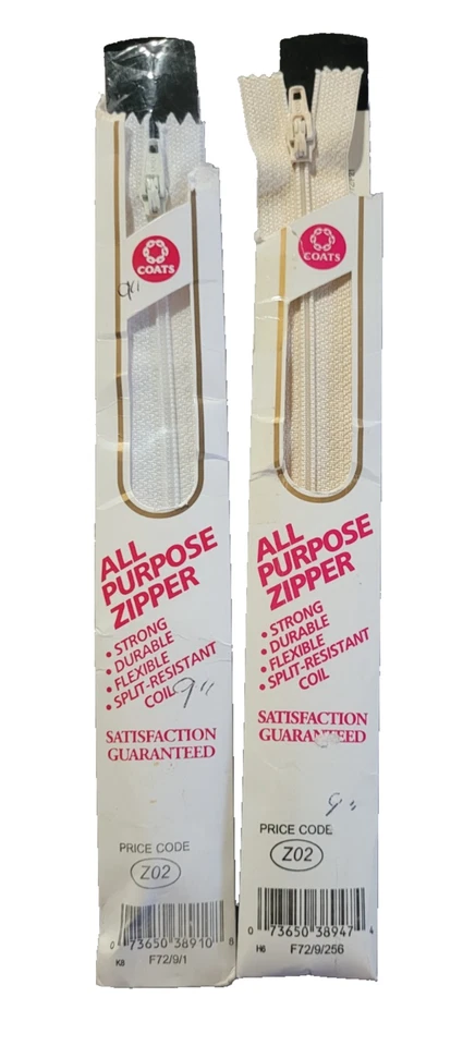 Lot of 2 Coats & Clark All Purpose 9" Polyester Zippers, White & Natural - Image 1 of 1