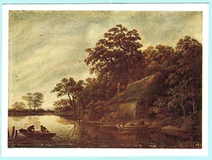 Dutch painter Cornelis Dekker 1950 Russian postcard LANDSCAPE River Men Boats - Bild 1 von 2