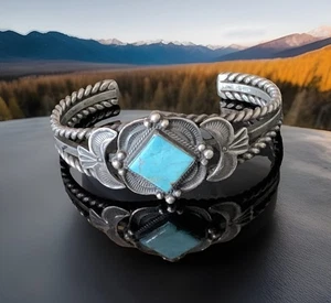 Daniel "Sunshine Reeves" Navajo Turquoise Thunderbird Sterling Silver Bracelet - Picture 1 of 13