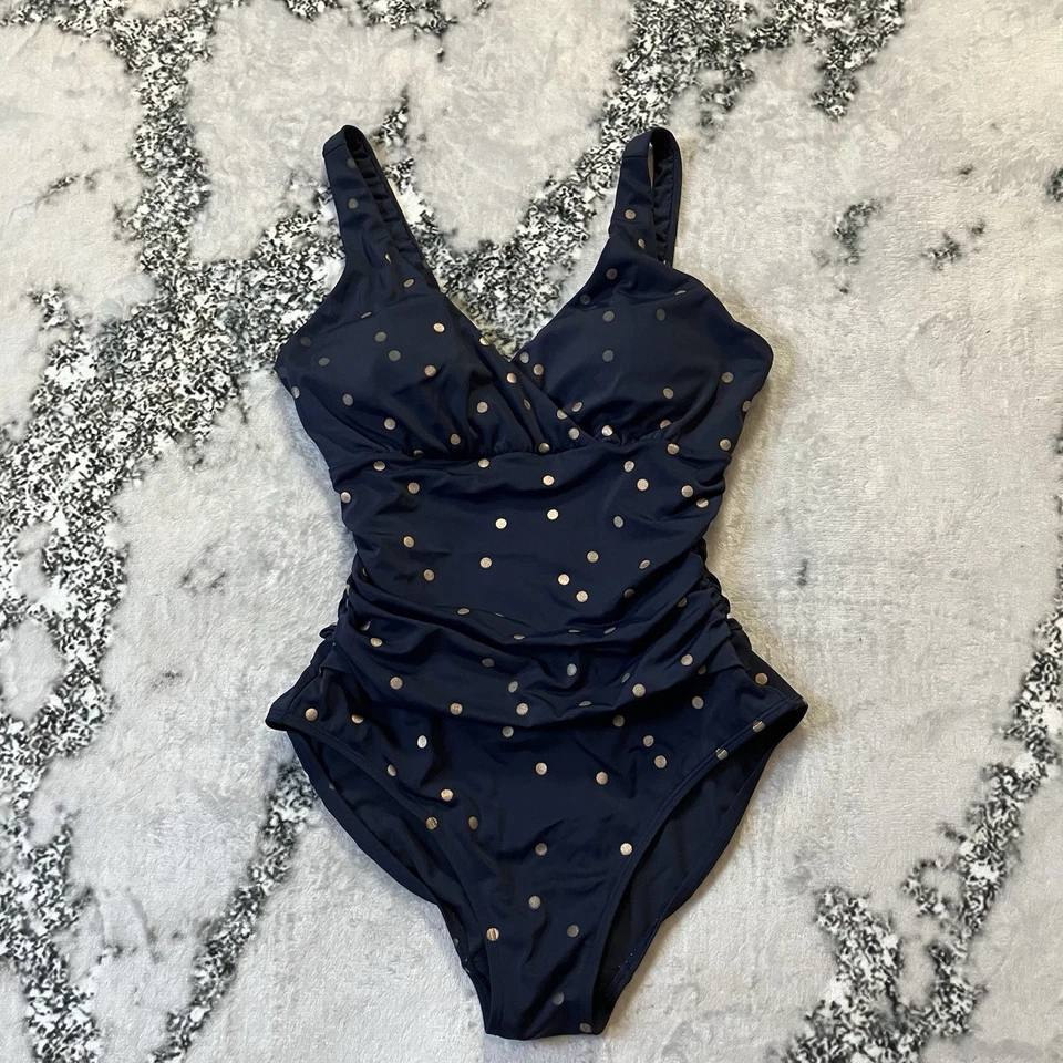 Boden Swimwear Womens Size 8 Navy Gold Amalfi Polka Dot One Piece Bandeau - Image 1 of 4