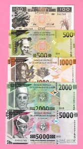 Banconote Guinea set 5 pezzi 100, 500, 1000, 2000, 5000 franchi UNC - Foto 1 di 2