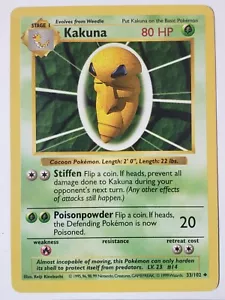 LP Kakuna 33/102 - Sin sombras - Tarjeta Pokémon Base 1999 $2 Envío Combinado - Imagen 1 de 2