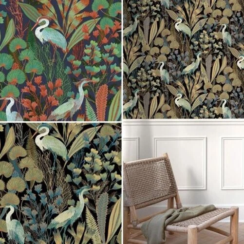 Grandeco Ciara Garza Papel Oriental Pájaros Hojas Follaje - Azul Marino Negro - Imagen 1 de 1