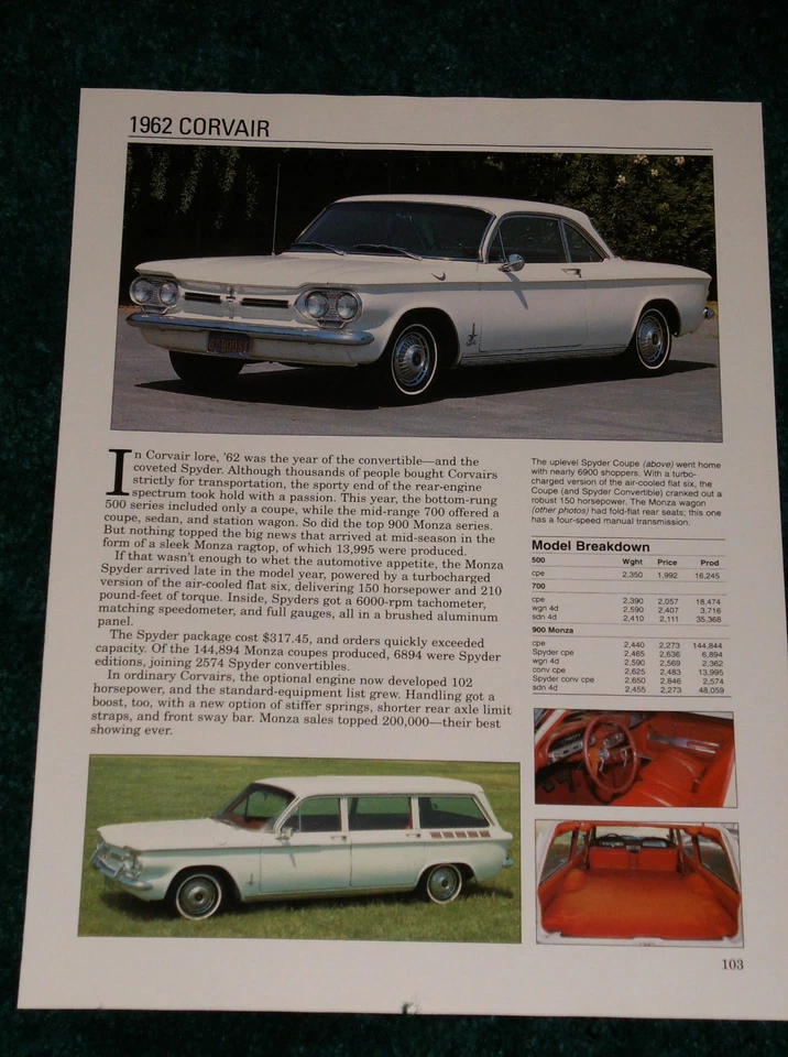 1962 CHEVY CORVAIR SPEC SHEET INFO PHOTO 62 500 700 900 MONZA WAGON★★ - Image 1 of 1