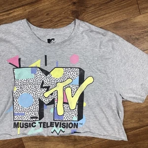 MTV Women Sz XL Gray T Shirt Cropped *CUT OFF* 90s Print *READ - Picture 1 of 7