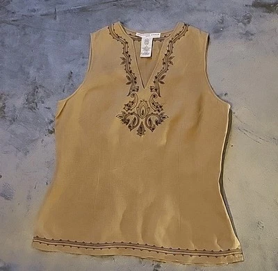 Camiseta sin mangas Josephine Chaus para mujer talla 10 caquis 100 % lino bordada Foto 1 de 4