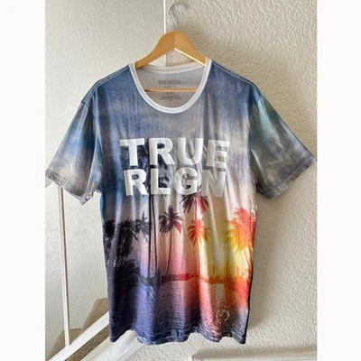 True Religion Graphic Tee Shirt Mens Large Palm Trees Beach Sunset Cotton Y2K - Image 1 of 4