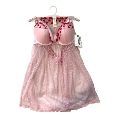 NOVO Conjunto de Lingerie Transparente Jessica Simpson Feminino SM Coração Rosa 2 Peças Babydoll - Imagem 1 de 4