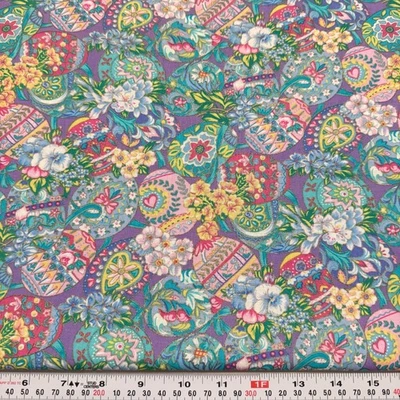 Ovos de Páscoa e florais metálicos vintage estilos textuais algodão roxo por meio jarda - Imagem 1 de 2