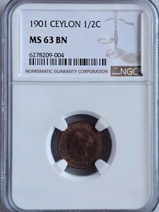 Ceylon 1/2 Cent 1901 NGC MS 63 BN - Picture 1 of 2