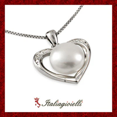 Pregiata Collana Cuore e Perla di Fiume in Argento 925 Rodiato Oro Bianco - Immagine 1 di 4