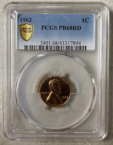 1963 1C Proof Lincoln Cent, PCGS PR68RD, Gold Shield Cover
