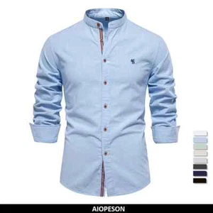 Men's Cotton Shirt Long Sleeve Slim Fit Casual Stand Collar Spring Shirt Top - Picture 1 of 15