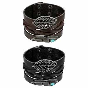 Punk Multi-layer Leather Bracelet Hollow Leaves Wristband Bangle Adjustable Mens - Picture 1 of 14