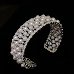 Pulsera ajustable de brazaletes de oro blanco blanco macizo natural de 6 mm de diamantes perlados - Imagen 1 de 6