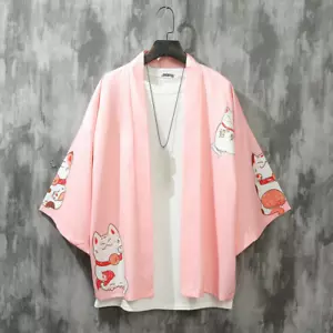 Unisex Lucky Cat Loose Casual Kimono Coat Yukata Outwear Open Front Cardigan Top - Picture 1 of 14