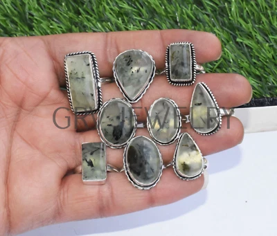 天然 Prehnite 宝石 10 件戒指 批发 批量 925 银覆盖 WHR-25 — 第 1/4 张图片