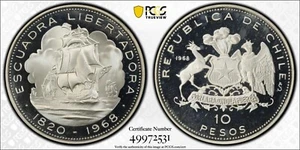 1968 Chile 10 Pesos Proof Liberation Fleet Ship PCGS Pf67 Dcam - Picture 1 of 3