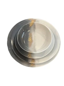 Marie Daage Horizon Hand Painted Charger Plates & Bowl Black Gold 4 Piece New - Picture 1 of 10