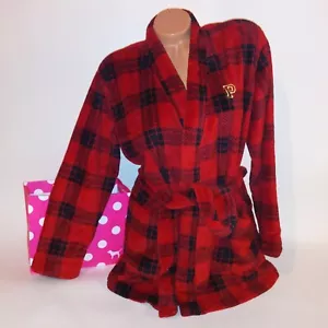 Victoria Secret PINK Robe Sleepwear Pajama Red Black Plaid Tie Waist Pocket XS/S - Picture 1 of 6