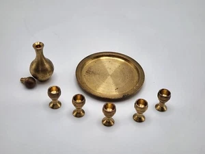 VTG Brass Miniature Dollhouse Wine Decanter Set Complete w/ Tray Lid 5 Glasses - Picture 1 of 5