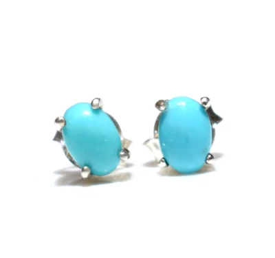 925 Sterling Silver Natural Sleeping Beauty Turquoise 4x6 mm Cab Stud Earrings - Image 1 of 4