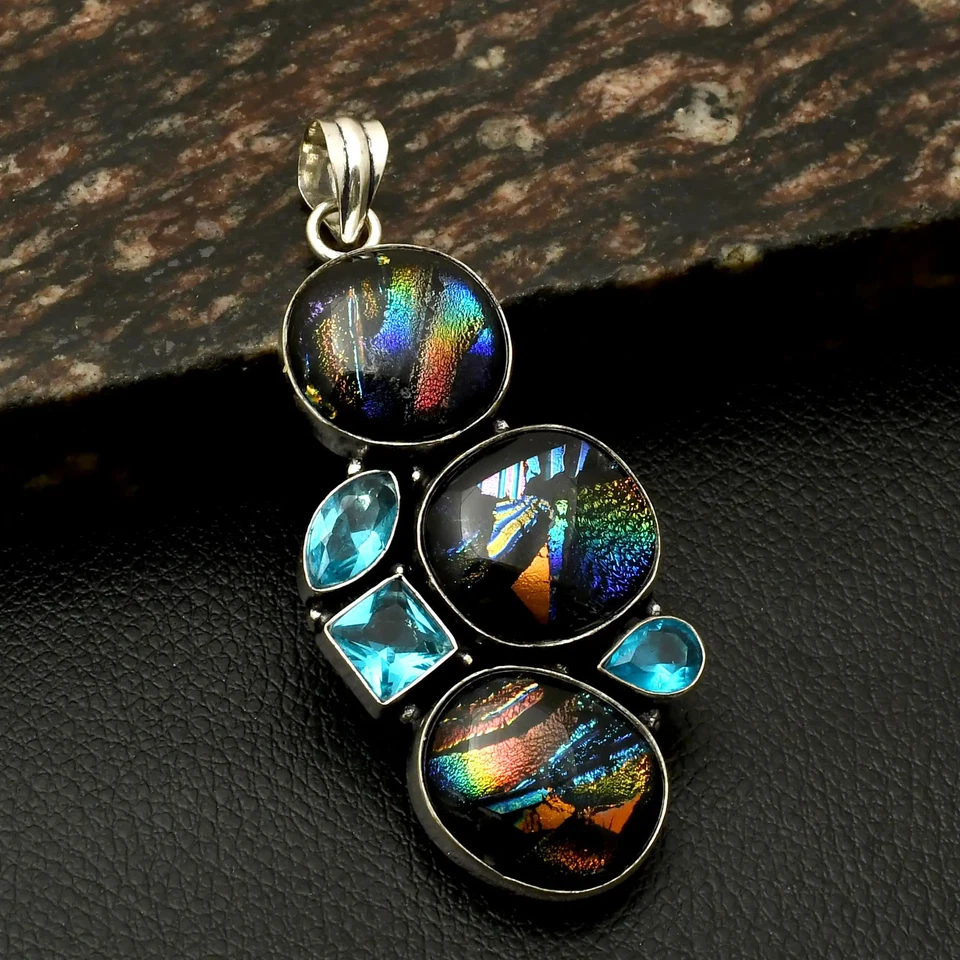 Fancy Dichroic Glass Blue Topaz Gemstone Handmade Pendant Jewelry 3" AP-17654 - Image 1 of 1