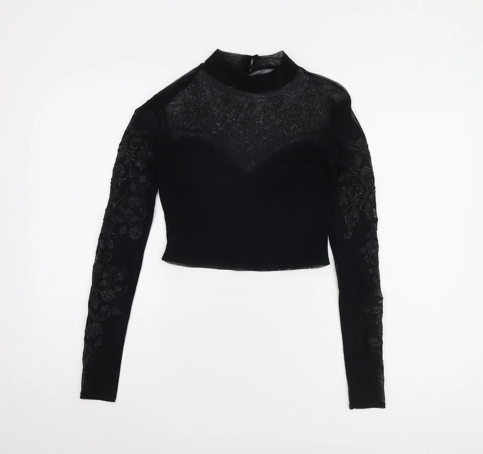 Lipsy Women's Black Cropped Blouse, Size 10, Embroidered Elegance - Image 1 of 4