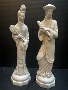 Estatua japonesa mujer sosteniendo pluma y hombre sosteniendo pergamino (16" de alto) cerámica - Imagen 1 de 16