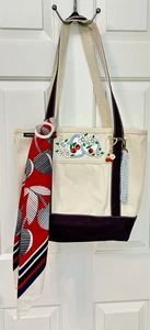 Custom Lands End Canvas Tote Cherries Theme Reworked Upcycled Navy Cream Red - Picture 1 of 23